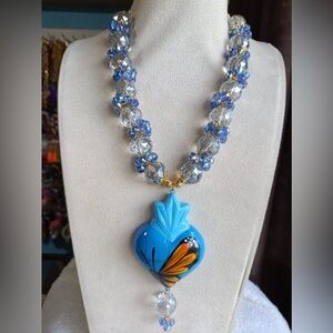 Blue and Gold Beaded Necklace with Heart Pendant